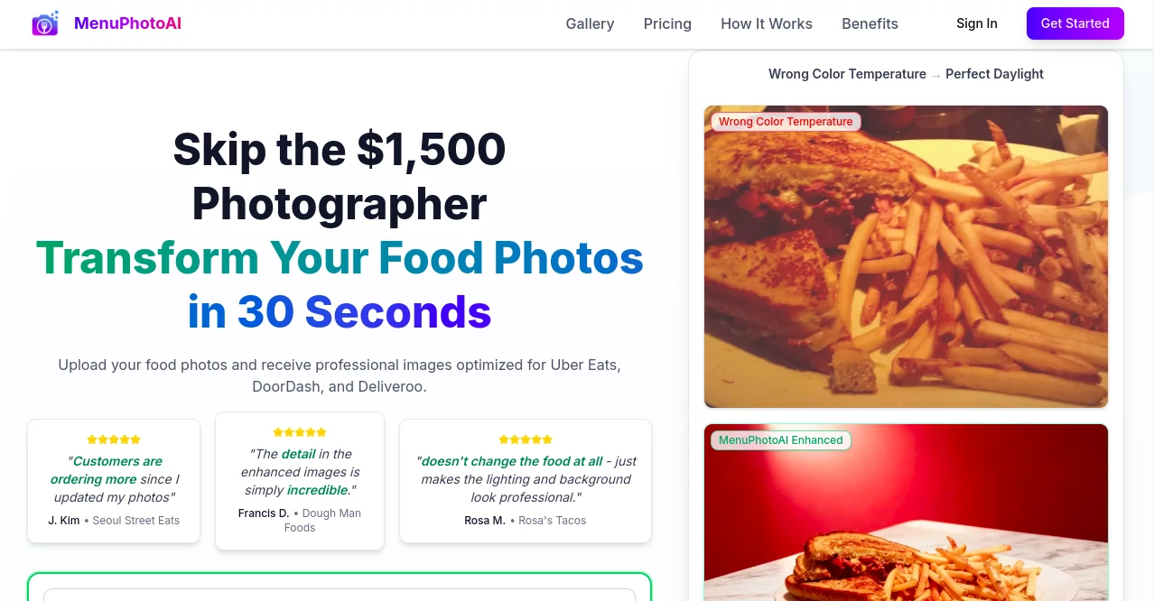 Screenshot of MenuPhotoAI – An AI tool in the ,AI Photo & Image Generator ,Photo & Image Editor ,AI Photo Enhancer ,AI Background Remover  category, showcasing its interface and key features.