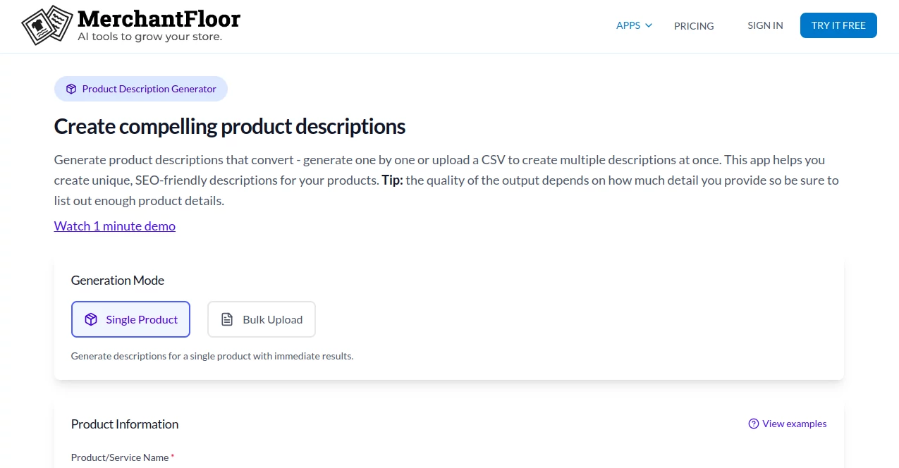 Screenshot of Merchant Floor - Product Description Generator – An AI tool in the ,AI Copywriting ,AI Content Generator ,AI Product Description Generator ,AI E-commerce Assistant  category, showcasing its interface and key features.