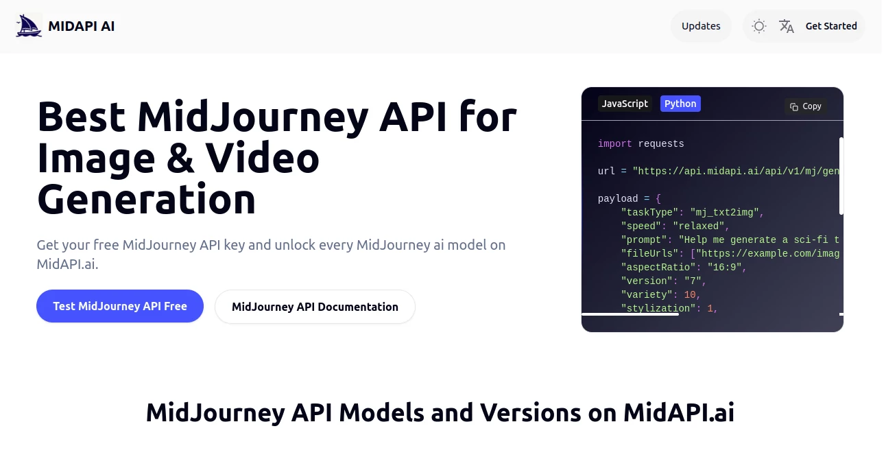 Screenshot of MIDAPI AI – An AI tool in the ,AI Photo & Image Generator ,AI Image to Video ,AI Video Generator ,AI API Design  category, showcasing its interface and key features.