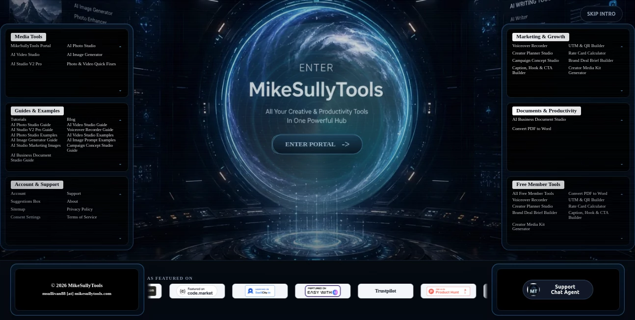 Screenshot of MikeSullyTools.com – An AI tool in the ,AI Photo & Image Generator ,AI Video Editor ,AI Digital Marketing Generator ,AI Productivity Tools  category, showcasing its interface and key features.