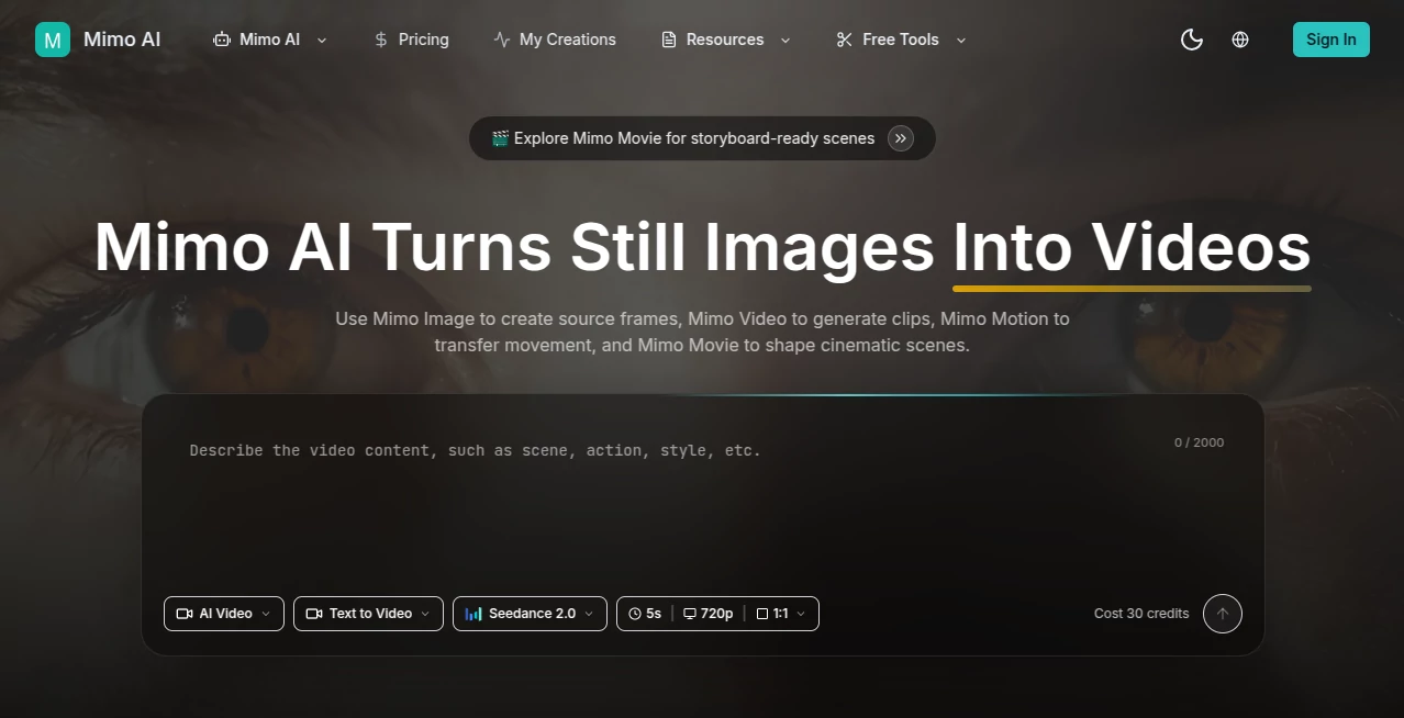 Screenshot of Mimo AI – An AI tool in the ,AI Animated Video ,AI Image to Video ,AI Video Generator ,AI Text to Video  category, showcasing its interface and key features.
