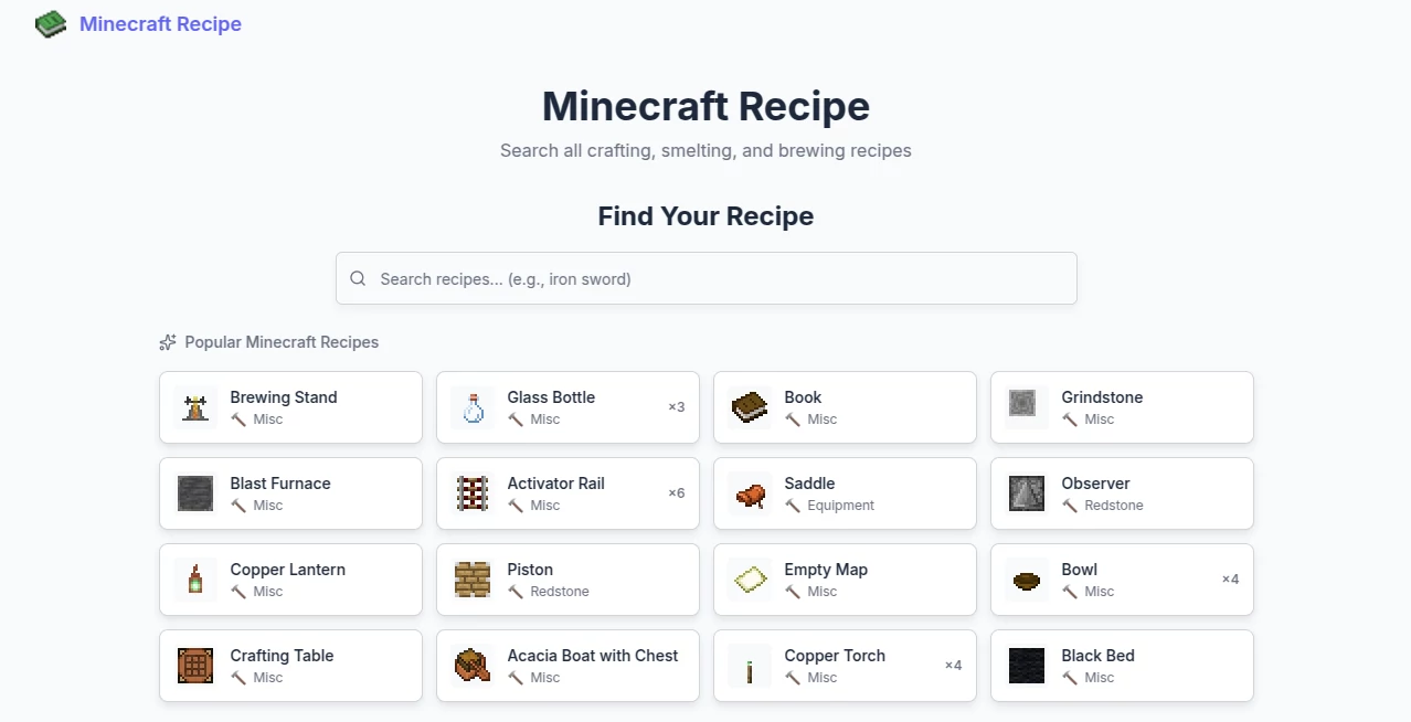 Screenshot of Minecraft Recipe – An AI tool in the ,AI Fun Tools  category, showcasing its interface and key features.