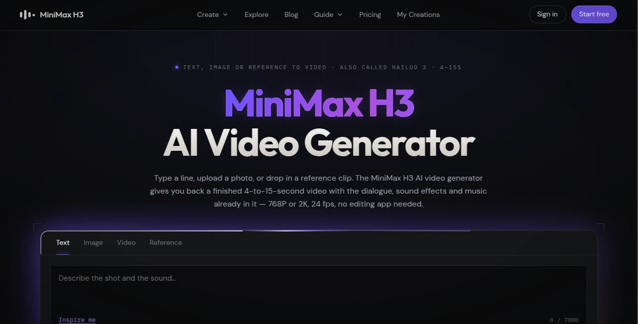 Screenshot of MiniMax H3 AI Video Generator – An AI tool in the ,AI Video to Video ,AI Image to Video ,AI Video Generator ,AI Text to Video  category, showcasing its interface and key features.