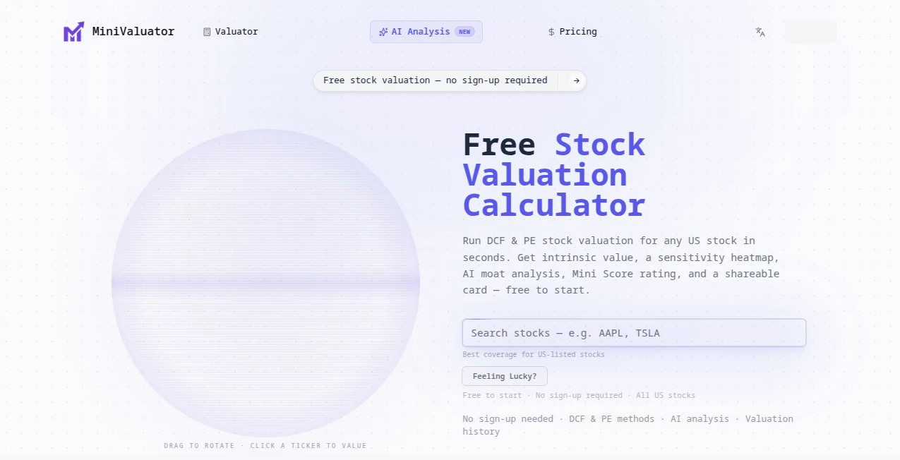 Screenshot of MiniValuator – An AI tool in the ,AI Investing Assistant ,AI Research Tool  category, showcasing its interface and key features.