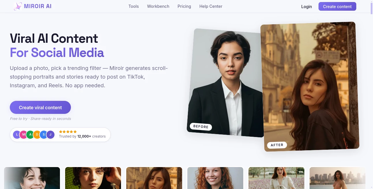 Screenshot of Miroir AI – An AI tool in the ,AI Copywriting ,AI Content Generator ,AI Social Media Assistant ,AI Digital Marketing Generator  category, showcasing its interface and key features.