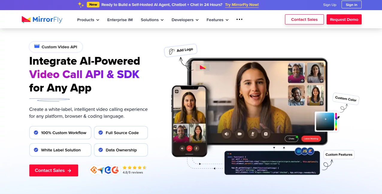 Screenshot of MirrorFly Video Call SDK – An AI tool in the ,AI Video Generator ,AI API Design ,AI Developer Tools ,AI Voice Assistants  category, showcasing its interface and key features.