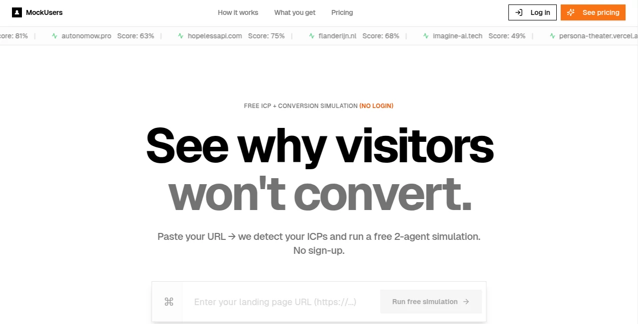 Screenshot of MockUsers – An AI tool in the ,AI Content Generator ,AI Landing Page Builder ,AI Analytics Assistant ,AI SEO Assistant  category, showcasing its interface and key features.