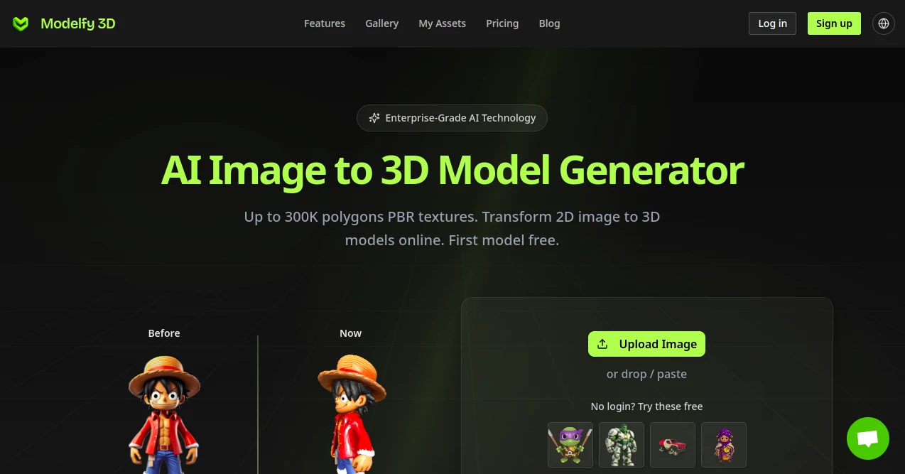 Screenshot of Modelfy 3D – An AI tool in the ,AI Art Generator ,AI Design Generator ,AI 3D Model Generator ,AI Image to 3D Model  category, showcasing its interface and key features.