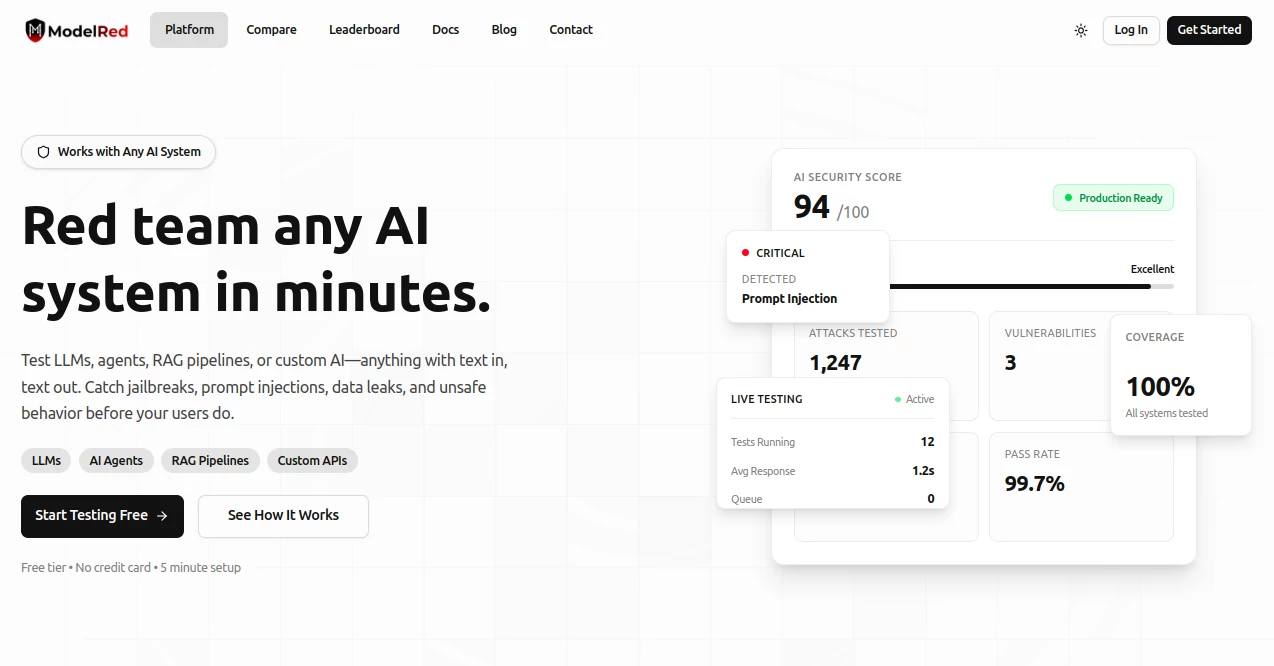 Screenshot of ModelRed – An AI tool in the ,AI Testing & QA ,AI API Design ,AI Developer Tools  category, showcasing its interface and key features.