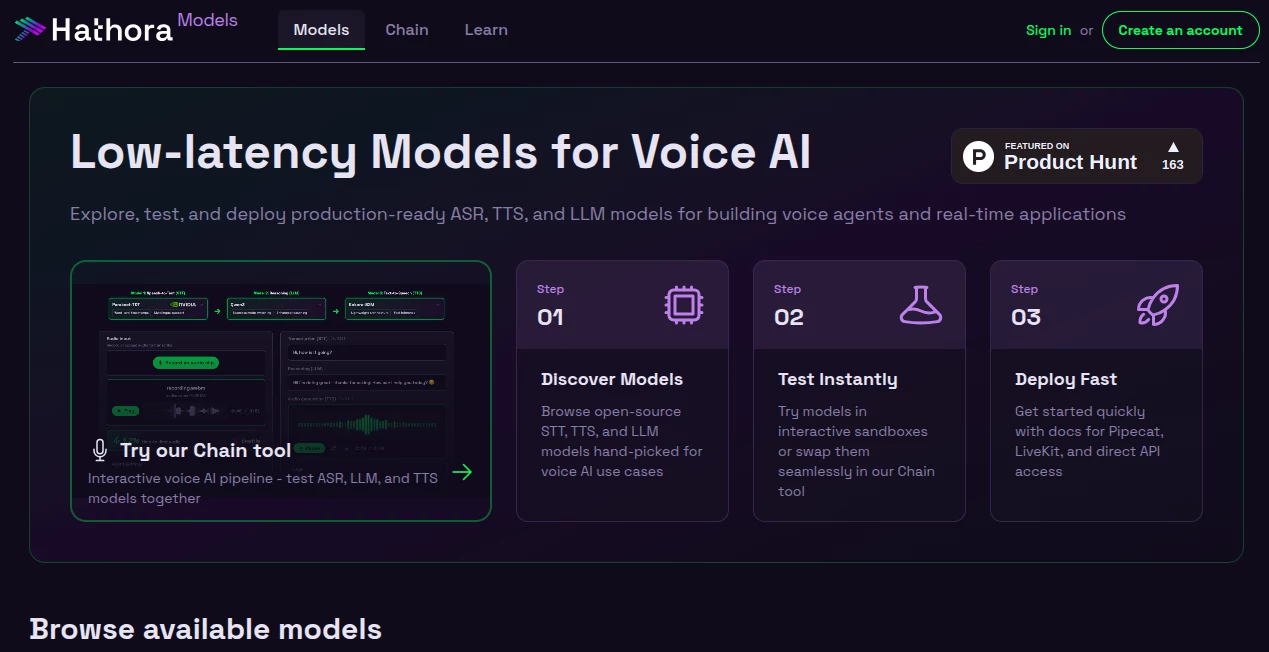 Screenshot of Models by Hathora – An AI tool in the ,AI Text to Speech ,AI Speech Recognition ,AI Speech Synthesis ,AI Voice Assistants  category, showcasing its interface and key features.