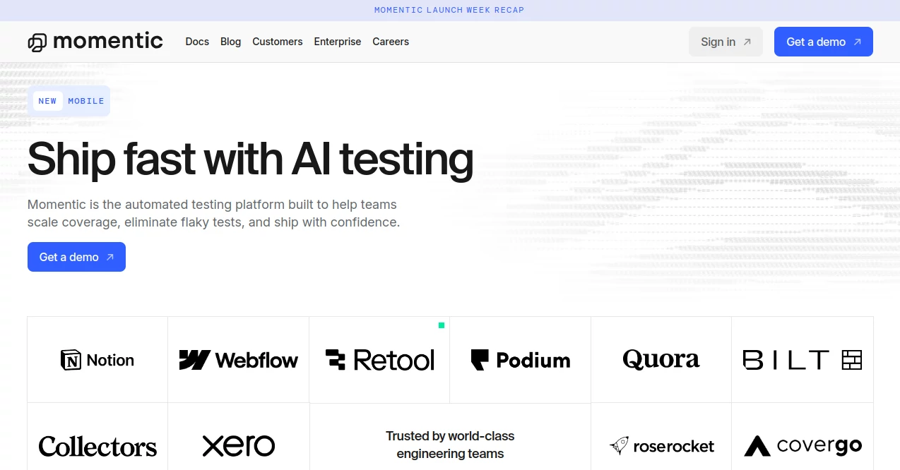 Screenshot of Momentic AI – An AI tool in the ,AI Code Assistant ,AI Monitor & Report Builder ,AI Testing & QA ,AI Developer Tools  category, showcasing its interface and key features.