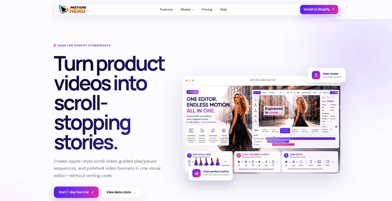 Screenshot of Motion Hero – An AI tool in the ,AI Video Editor ,AI E-commerce Assistant  category, showcasing its interface and key features.