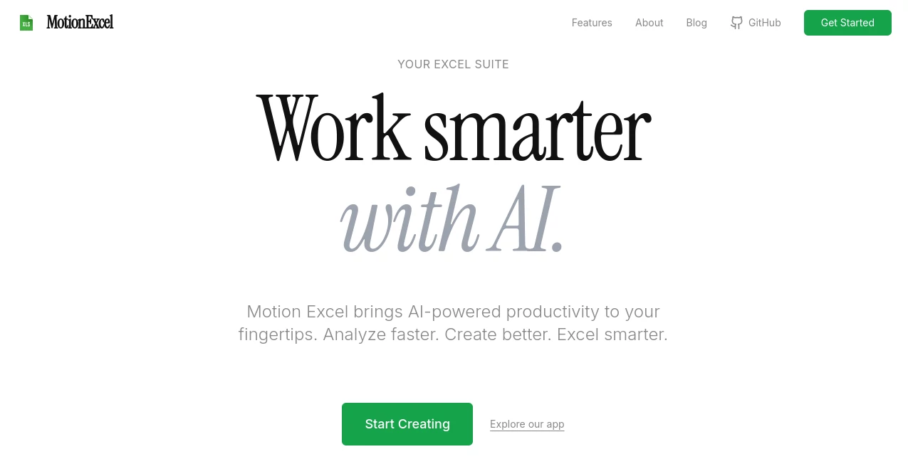 Screenshot of MotionExcel – An AI tool in the ,AI Code Generator ,AI Data Mining ,AI Developer Tools ,AI Spreadsheet  category, showcasing its interface and key features.