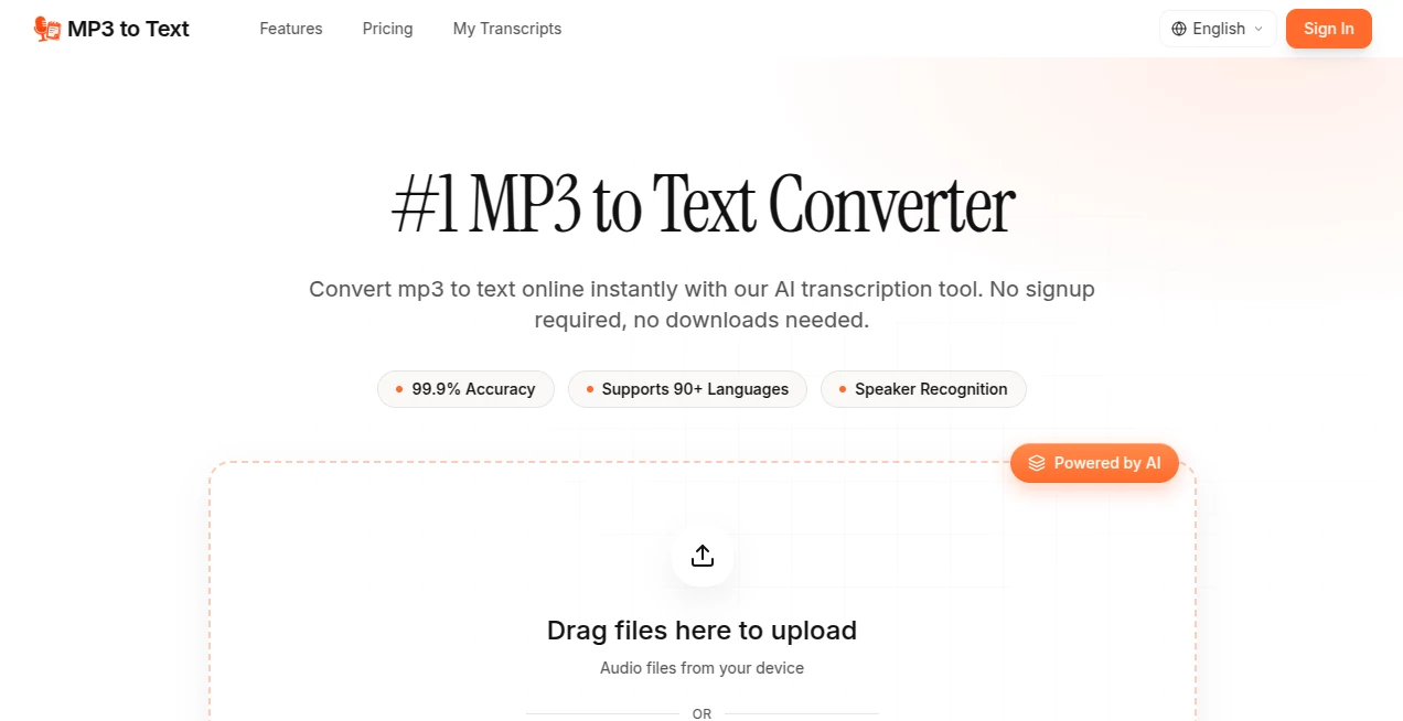 Screenshot of MP3 to Text Converter – An AI tool in the ,AI Transcription  category, showcasing its interface and key features.