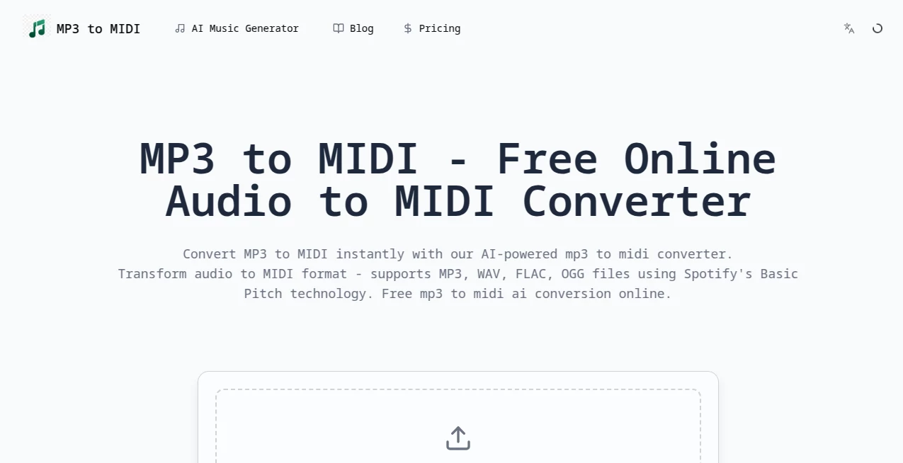 Screenshot of Mp3ToMidi – An AI tool in the ,AI Audio Enhancer ,AI Music Generator ,AI Speech to Text ,AI Voice & Audio Editing  category, showcasing its interface and key features.