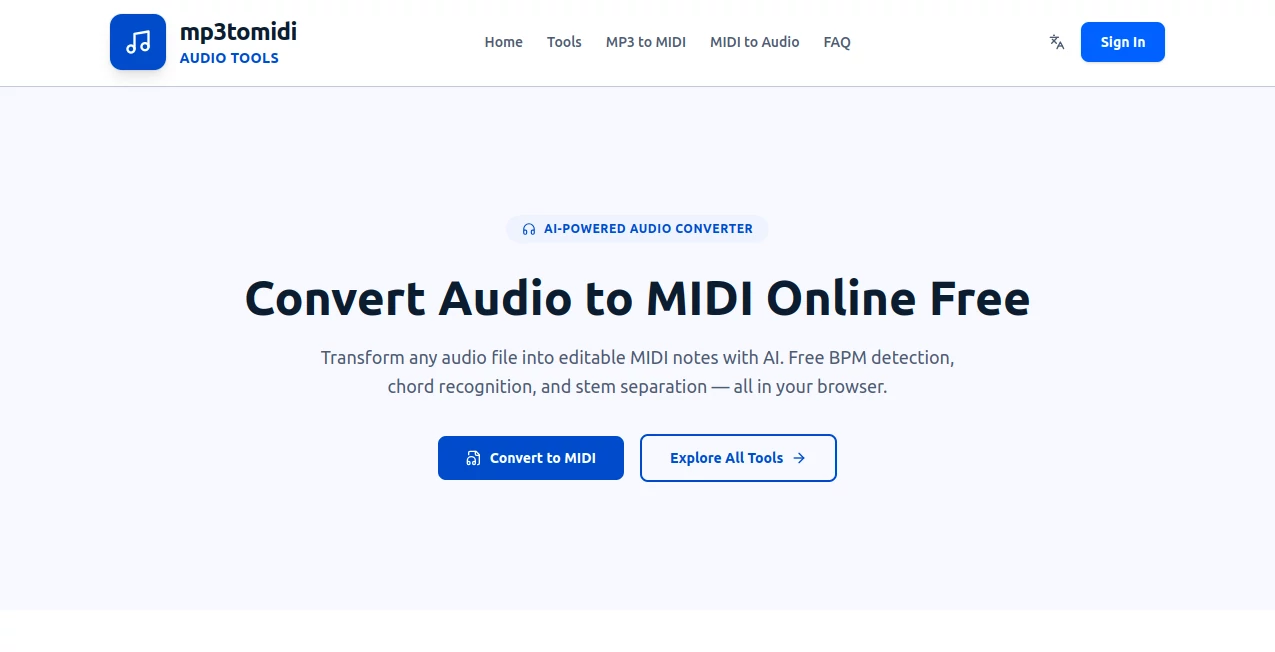 Screenshot of MP3toMIDI – An AI tool in the ,AI Audio Enhancer ,AI Music Generator ,AI Voice & Audio Editing ,AI Speech Recognition  category, showcasing its interface and key features.
