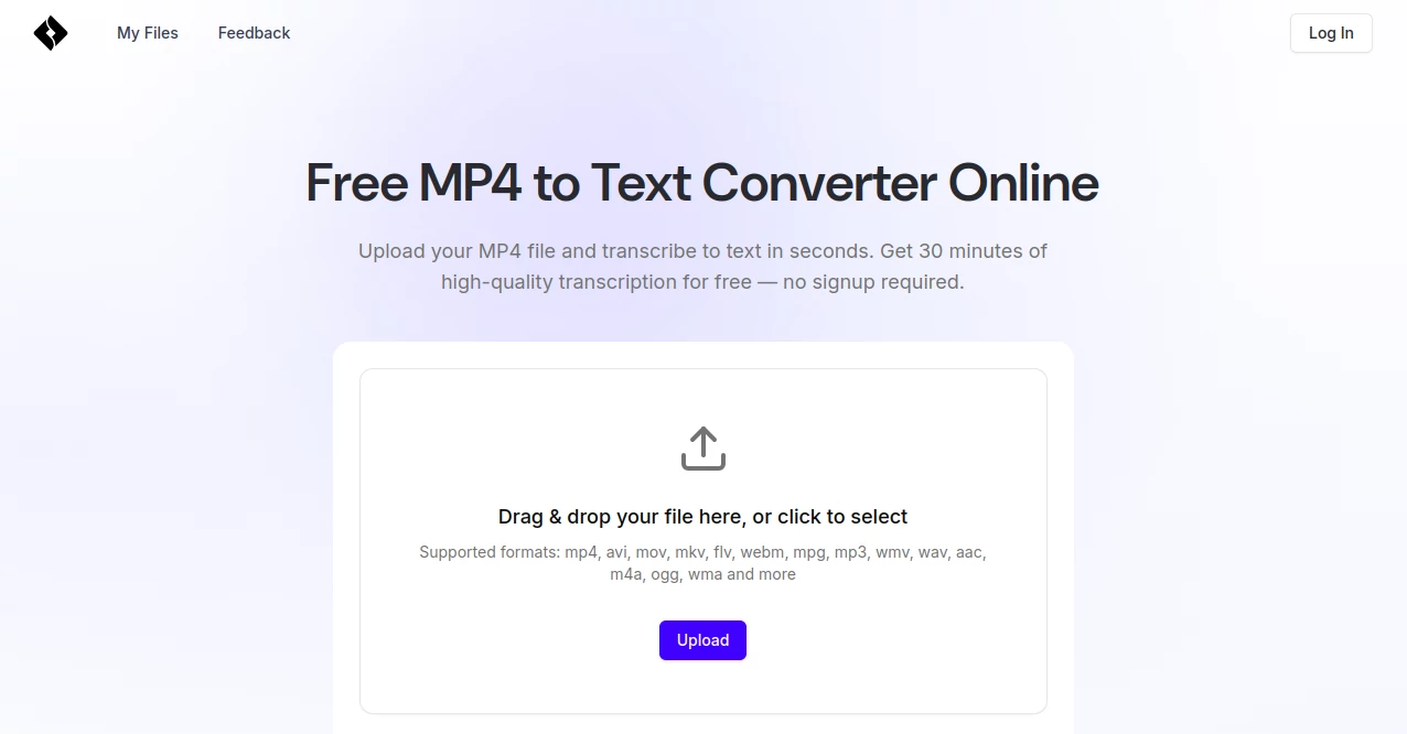 Screenshot of MP4 to Text – An AI tool in the ,AI Captions or Subtitle ,AI Transcription ,AI Text to Video ,AI Speech to Text  category, showcasing its interface and key features.