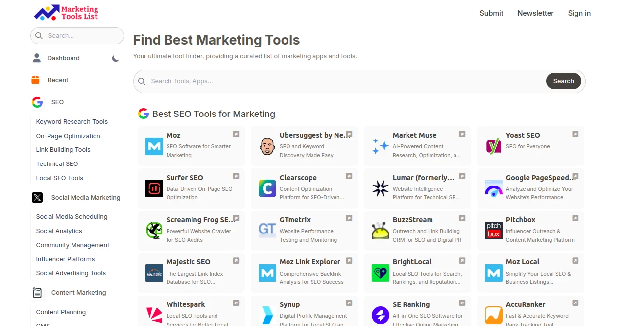 Screenshot of Marketing Tools List – An AI tool in the ,AI Tools Directory ,Marketing  category, showcasing its interface and key features.