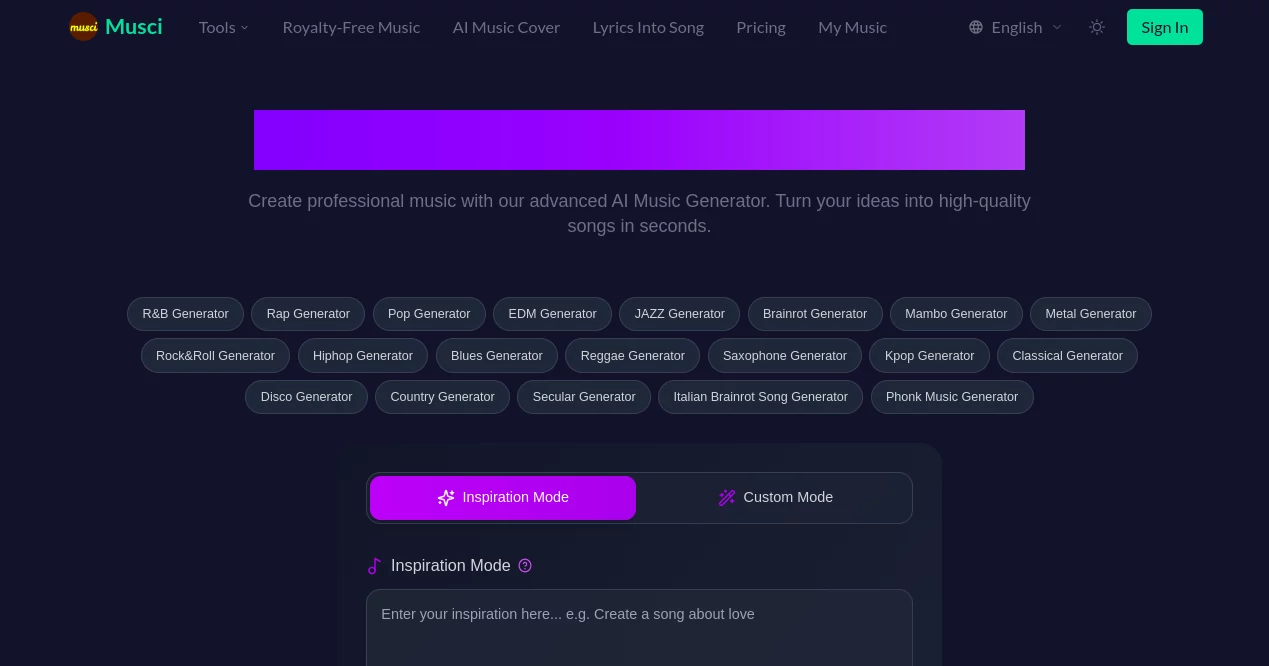 Screenshot of musci – An AI tool in the ,AI Creative Writing ,AI Lyrics Generator ,AI Music Generator ,AI Voice & Audio Editing  category, showcasing its interface and key features.