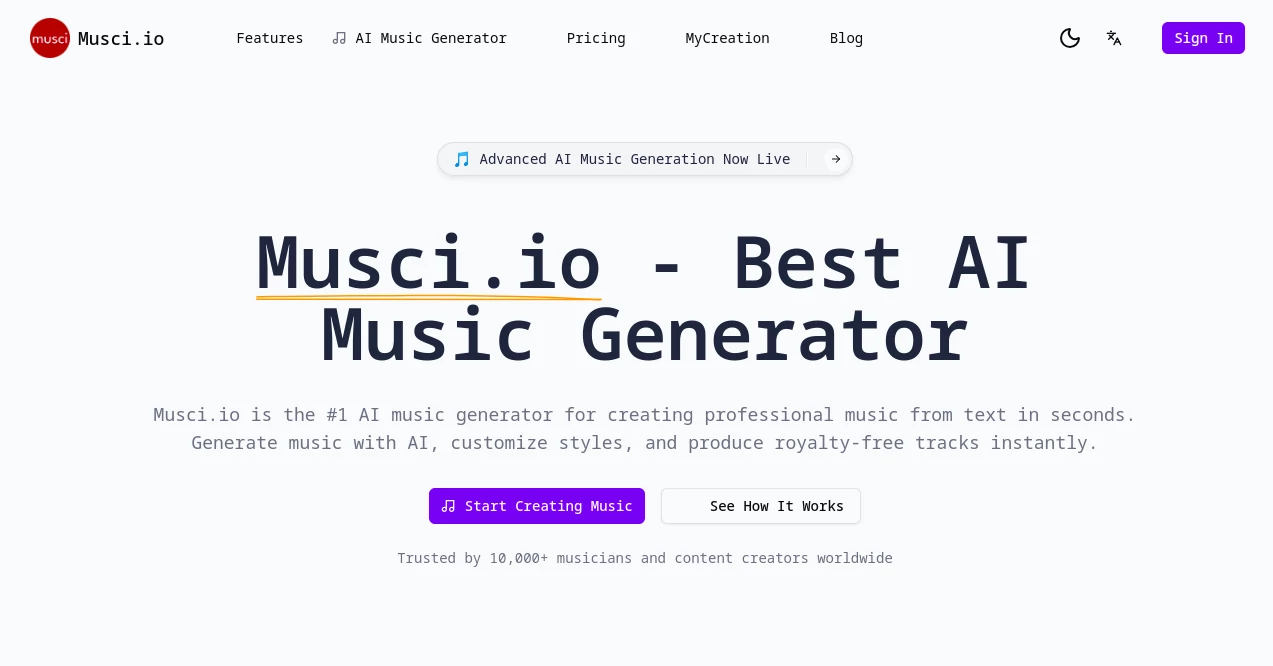 Screenshot of musci io – An AI tool in the ,AI Text to Music ,AI Singing Generator ,AI Audio Enhancer ,AI Music Generator  category, showcasing its interface and key features.