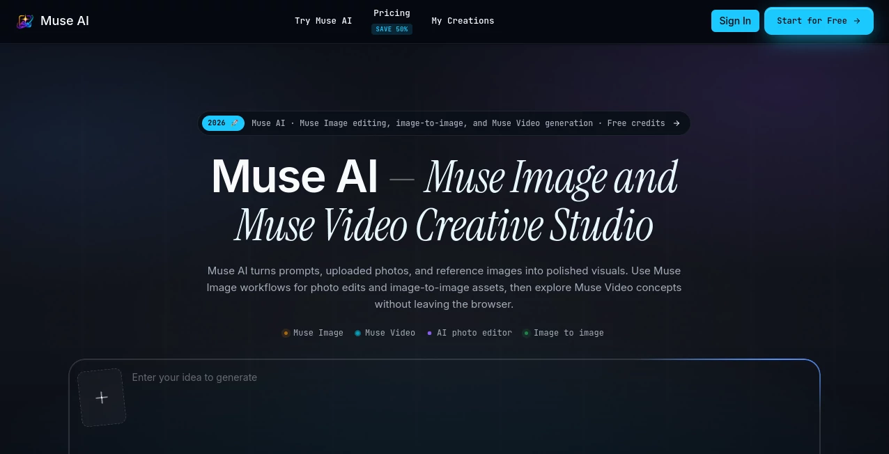 Screenshot of Muse AI – An AI tool in the ,AI Photo & Image Generator ,AI Image to Image ,AI Image to Video ,AI Video Generator  category, showcasing its interface and key features.