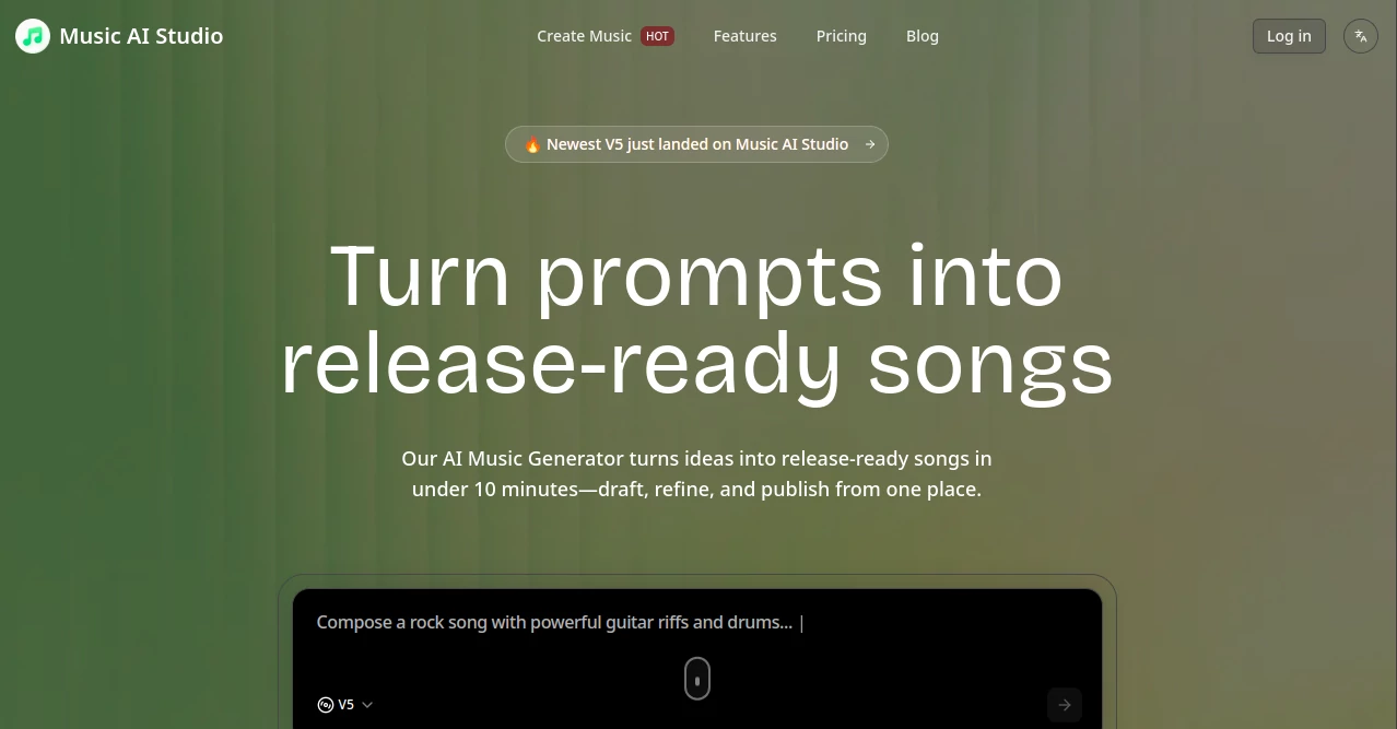 Screenshot of Music AI Studio – An AI tool in the ,AI Lyrics Generator ,AI Music Generator ,AI Text to Music ,AI Singing Generator  category, showcasing its interface and key features.