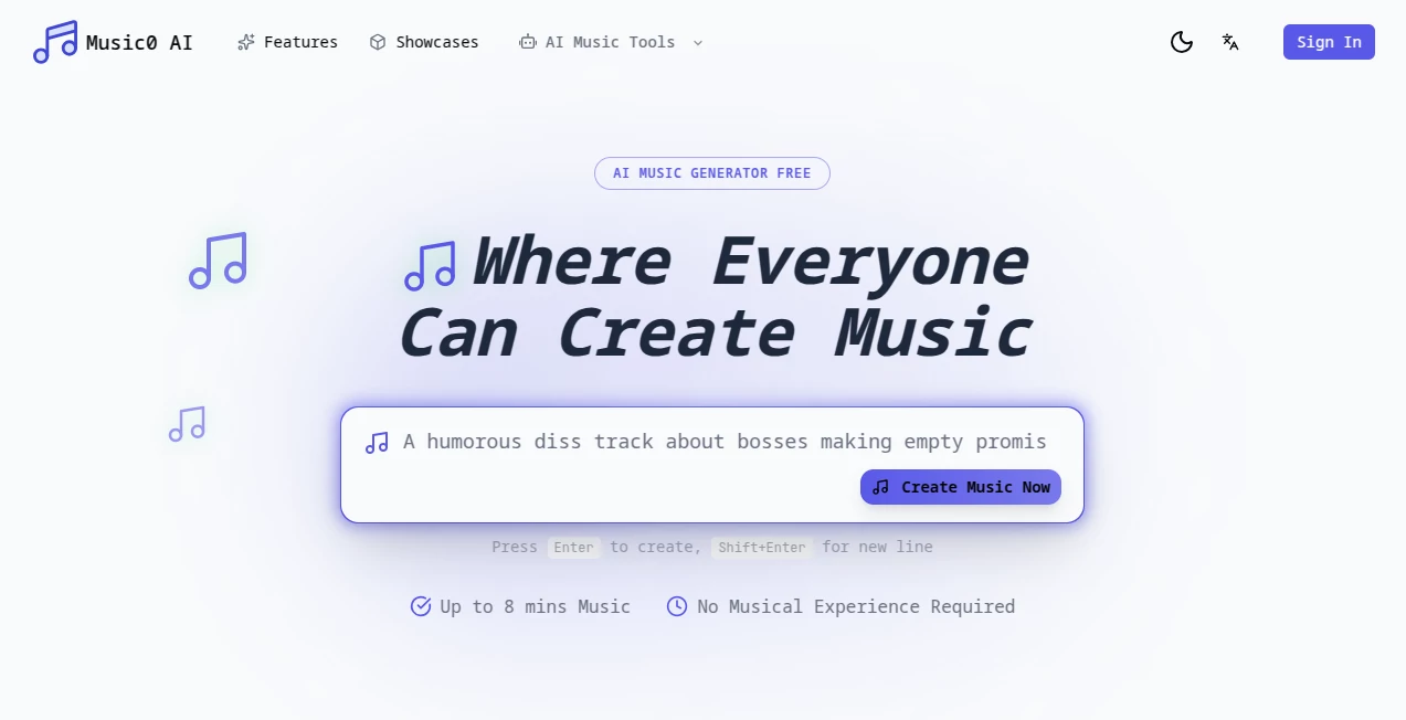 Screenshot of Music0 AI – An AI tool in the ,AI Music Video Generator ,AI Audio Enhancer ,AI Music Generator ,AI Text to Music  category, showcasing its interface and key features.