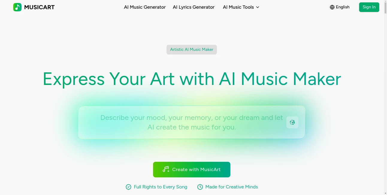 Screenshot of MusicArt – An AI tool in the ,AI Lyrics Generator ,AI Music Generator ,AI Text to Music ,AI Singing Generator  category, showcasing its interface and key features.