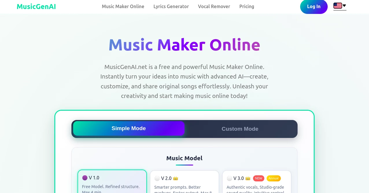 Screenshot of MusicGenAI – An AI tool in the ,AI Audio Enhancer ,AI Music Generator ,AI Text to Music  category, showcasing its interface and key features.