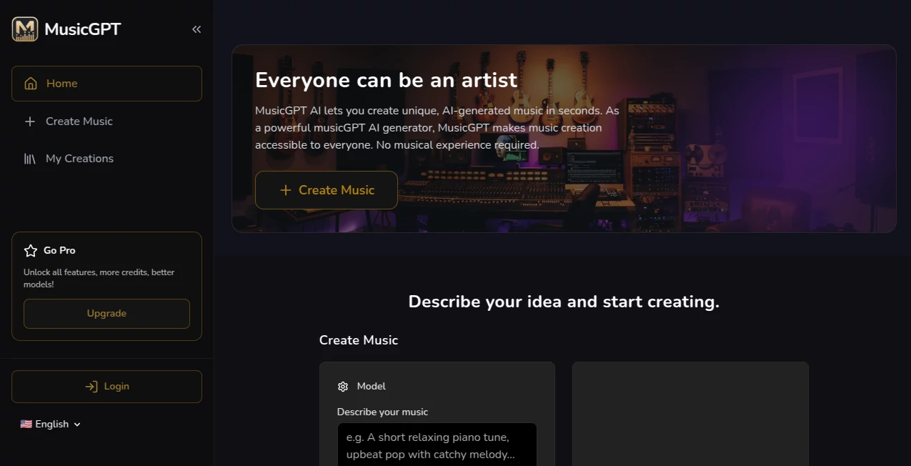Screenshot of MusicGPT AI – An AI tool in the ,AI Text to Music ,AI Lyrics Generator ,AI Music Generator ,AI Singing Generator  category, showcasing its interface and key features.