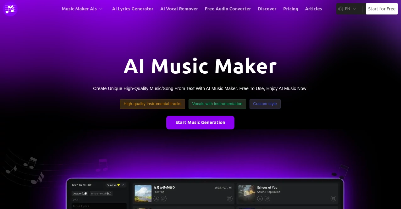 Screenshot of AI Music Maker – An AI tool in the ,AI Music Generator  category, showcasing its interface and key features.
