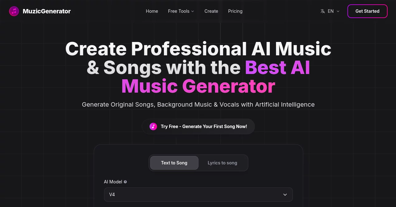 Screenshot of MuzicGenerator - AI Music Generator – An AI tool in the ,AI Voice Changer ,AI Text to Music ,AI Lyrics Generator ,AI Music Generator  category, showcasing its interface and key features.
