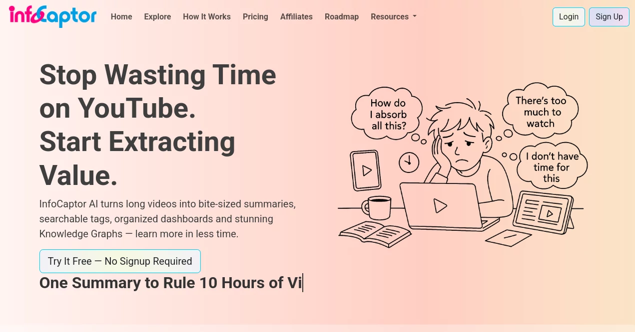 Screenshot of InfoCaptor AI – An AI tool in the ,AI Summarizer ,AI Knowledge Management ,AI Education Assistant ,AI Productivity Tools ,Video  category, showcasing its interface and key features.