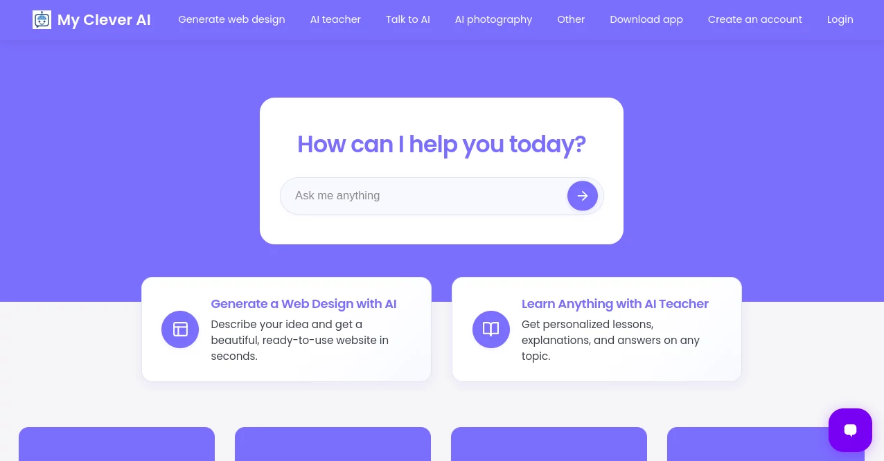Screenshot of My Clever AI – An AI tool in the ,AI Website Builder ,AI Tutorial ,AI Education Assistant ,AI Productivity Tools  category, showcasing its interface and key features.