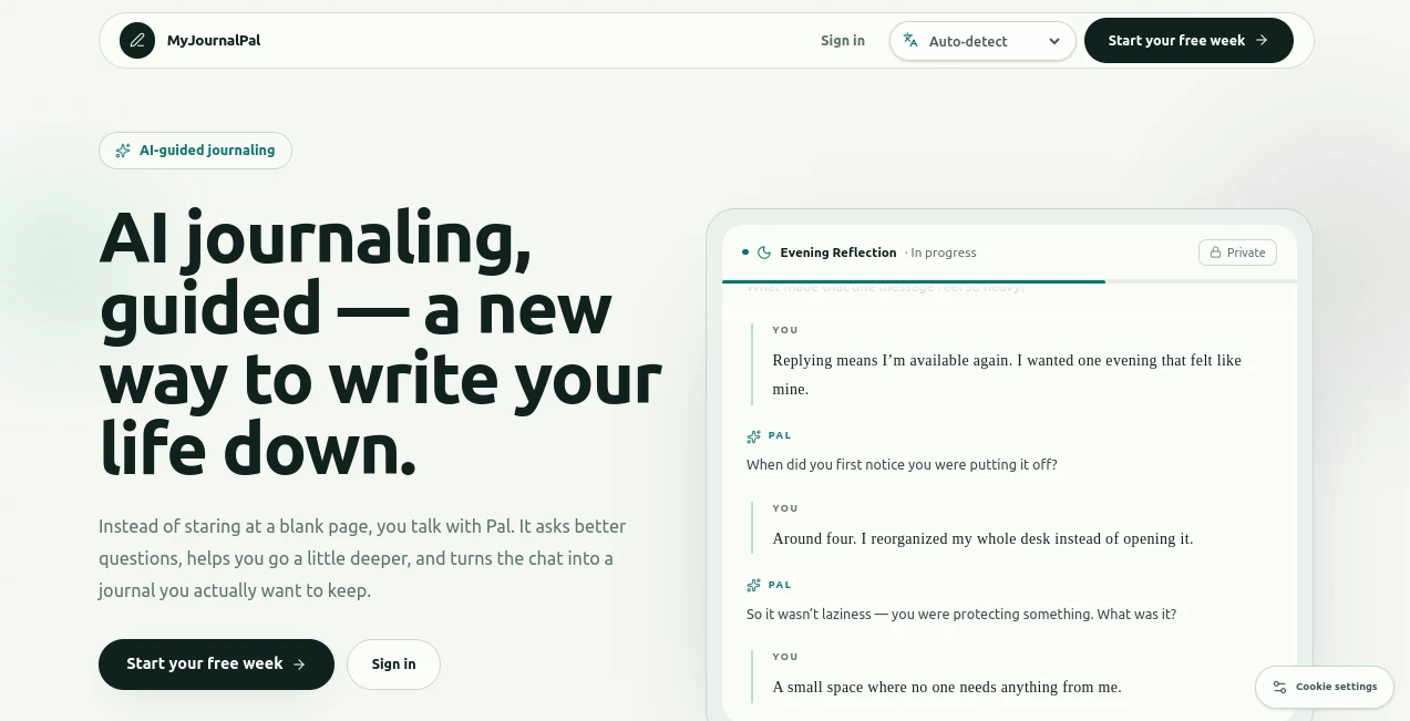 Screenshot of MyJournalPal – An AI tool in the ,AI Life Assistant ,AI Mental Health ,AI Writing Assistants  category, showcasing its interface and key features.