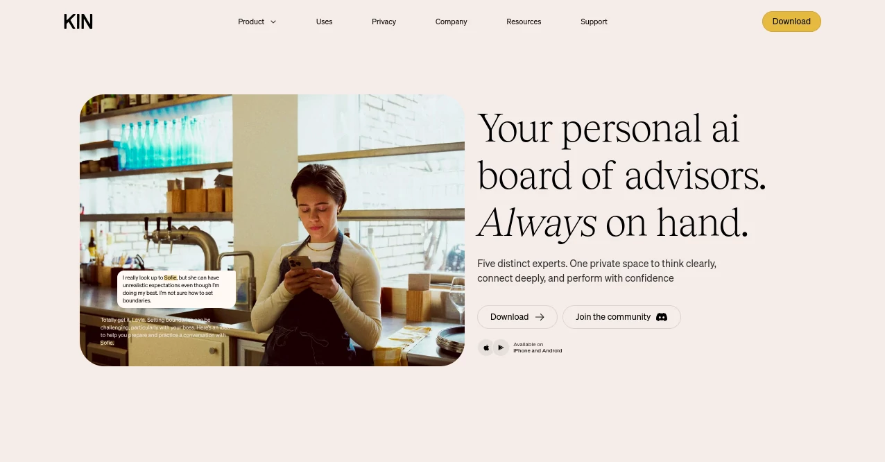 Screenshot of KIN – An AI tool in the ,AI Life Assistant ,AI Mental Health ,AI Homework Helper ,AI Coaching  category, showcasing its interface and key features.