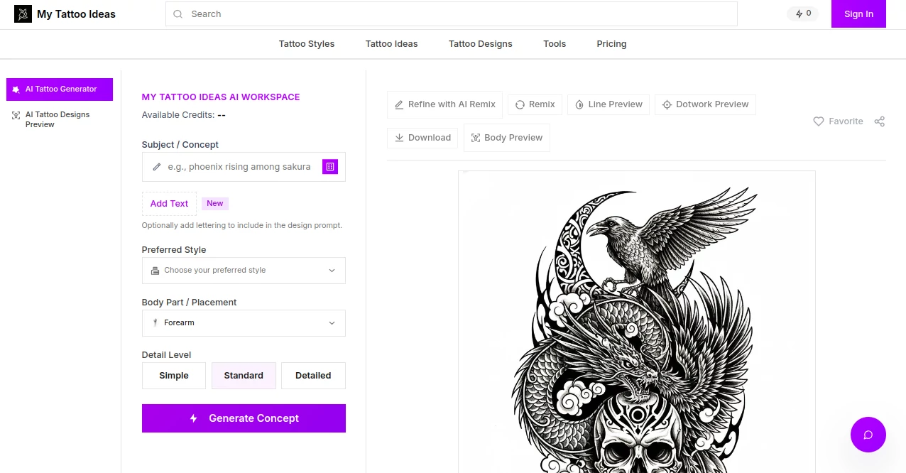 Screenshot of My Tattoo Ideas – An AI tool in the ,Photo & Image Editor ,AI Tattoo Generator ,AI Image to Image ,AI Design Generator  category, showcasing its interface and key features.