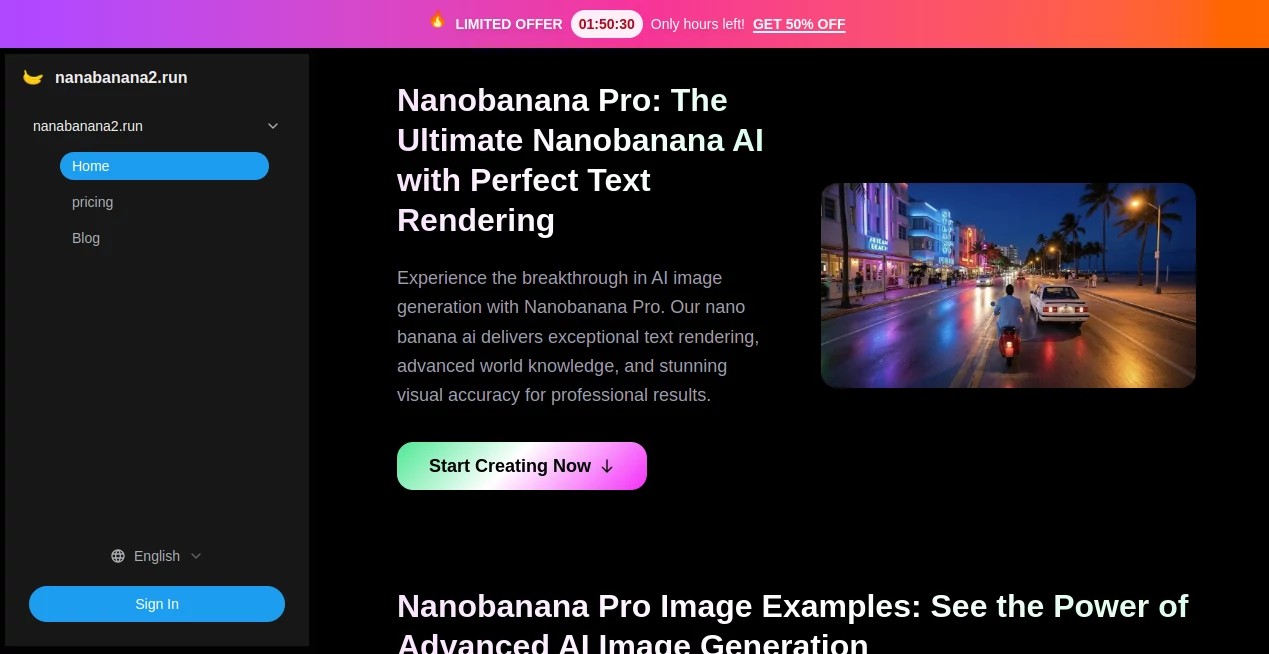 Screenshot of Nanobanana Pro – An AI tool in the ,AI Text to Image ,AI Photo & Image Generator ,AI Art Generator ,AI Design Generator  category, showcasing its interface and key features.