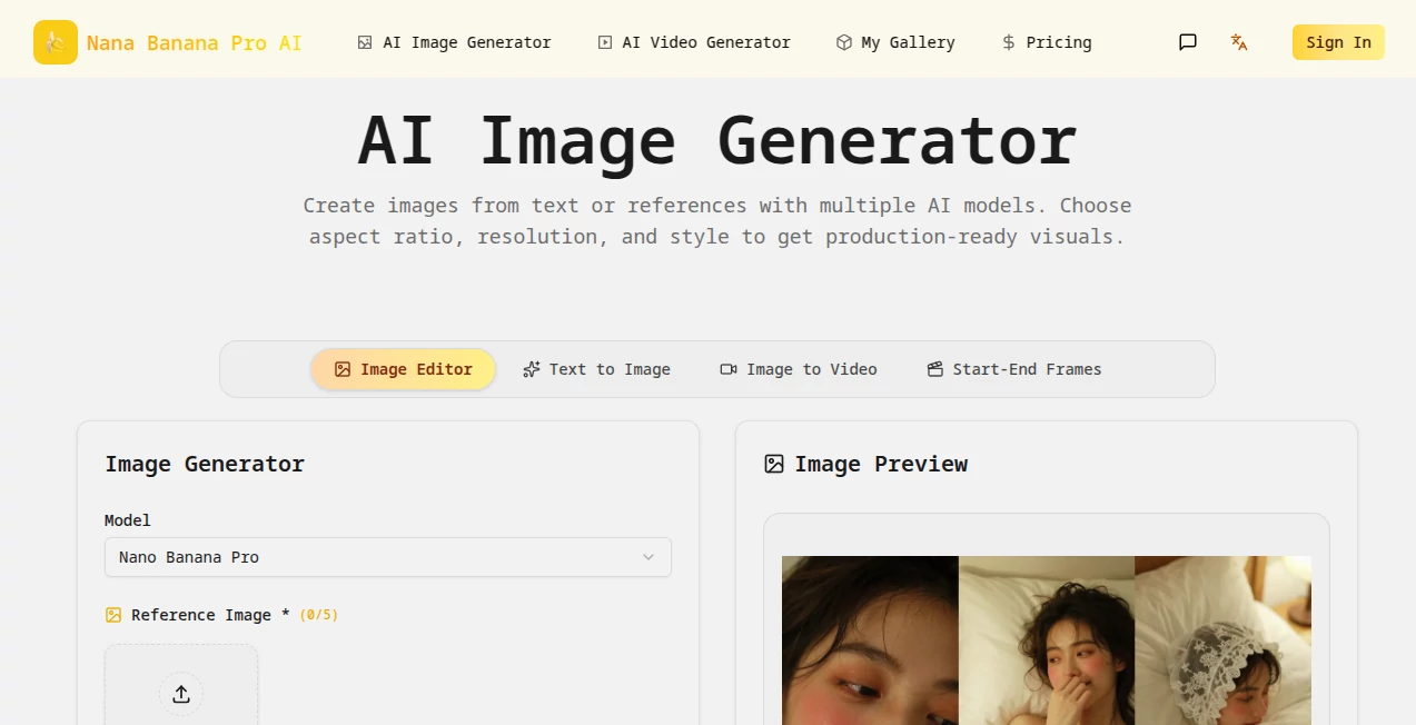 Screenshot of Nana Banana Pro AI – An AI tool in the ,AI Text to Image ,AI Photo & Image Generator ,AI Art Generator ,AI Design Generator  category, showcasing its interface and key features.