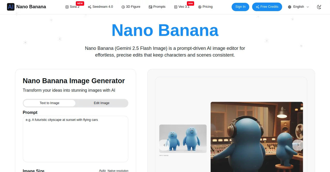 Screenshot of Nano Banana – An AI tool in the ,Photo & Image Editor ,AI Photo Enhancer ,AI Image to Image ,AI Design Generator  category, showcasing its interface and key features.