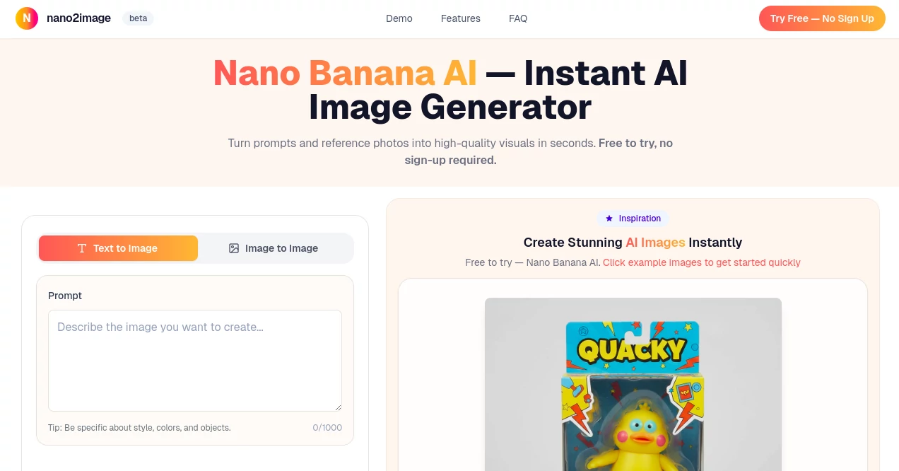 Screenshot of Nano2Image — Free AI Image Tool – An AI tool in the ,AI Photo & Image Generator ,Photo & Image Editor ,AI Text to Image  category, showcasing its interface and key features.