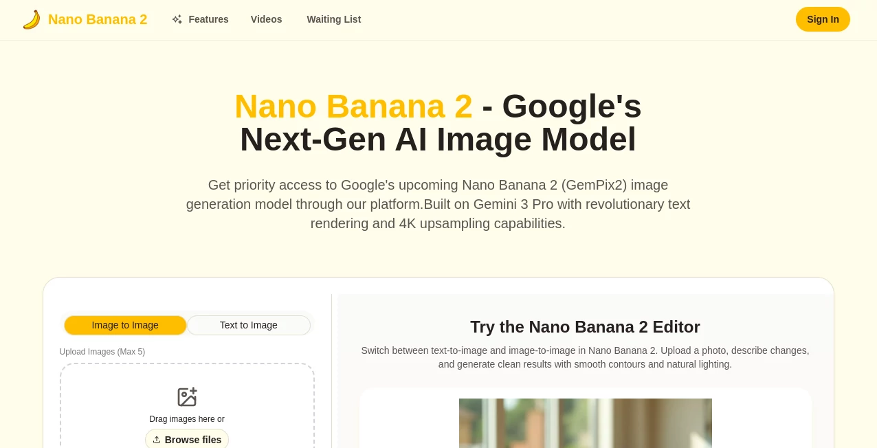 Screenshot of Nano Banana 2 – An AI tool in the ,AI Text to Image ,AI Photo & Image Generator ,AI Design Generator  category, showcasing its interface and key features.