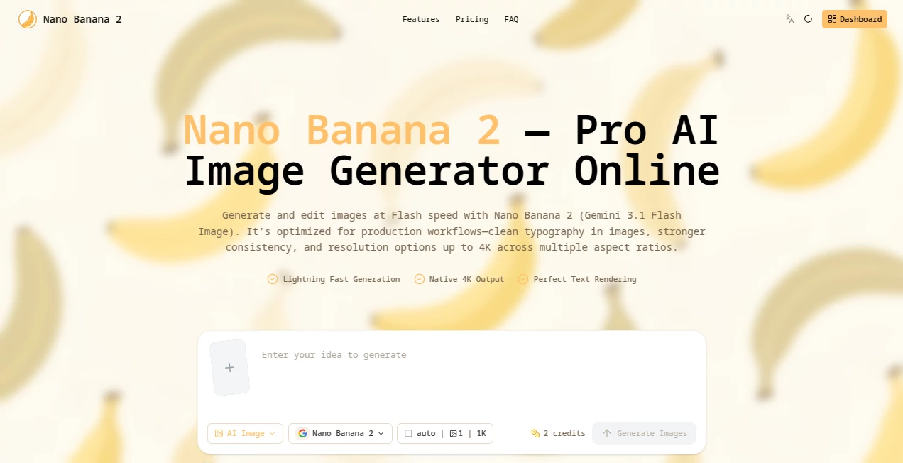 Screenshot of Nano Banana 2 Pro – An AI tool in the ,AI Photo & Image Generator ,AI Art Generator ,AI Design Generator ,AI Text to Image  category, showcasing its interface and key features.
