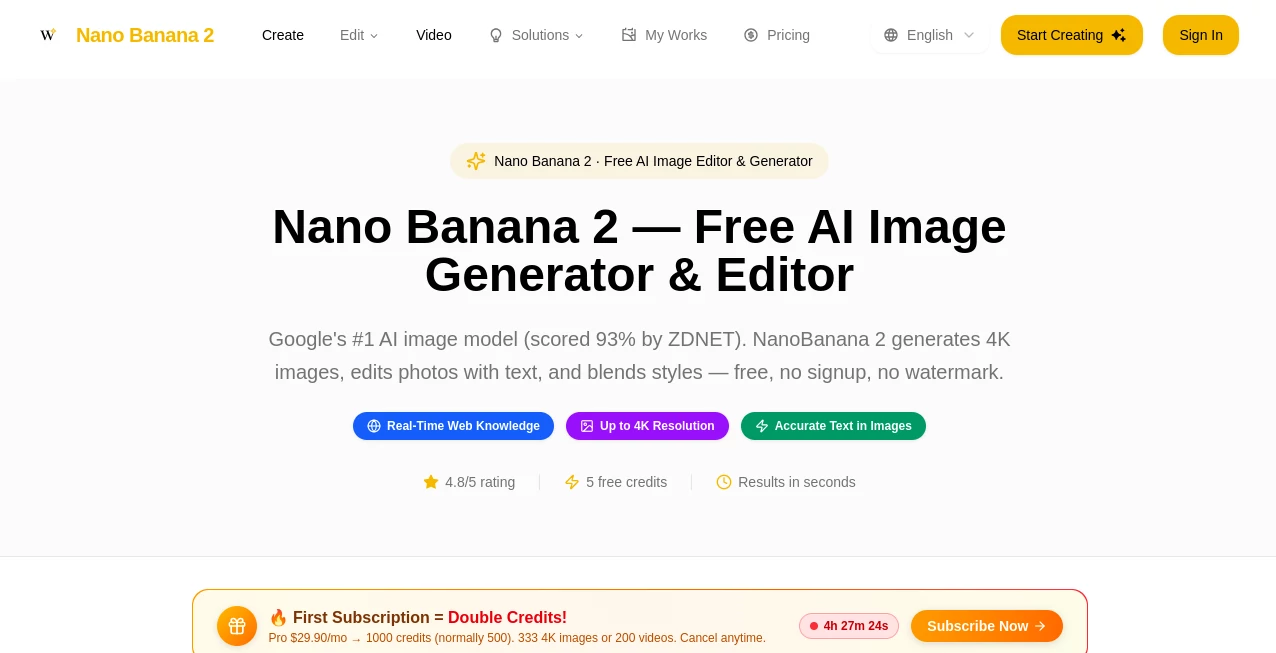 Screenshot of NanoBanana2 – An AI tool in the ,AI Photo & Image Generator ,AI Art Generator ,AI Design Generator ,AI Image to Image  category, showcasing its interface and key features.