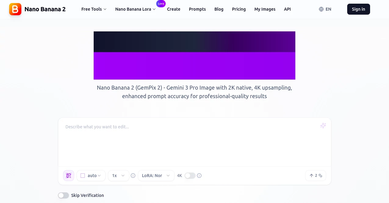 Screenshot of Nano Banana 2 – An AI tool in the ,Photo & Image Editor ,AI Image to Image ,AI Art Generator ,AI Design Generator  category, showcasing its interface and key features.