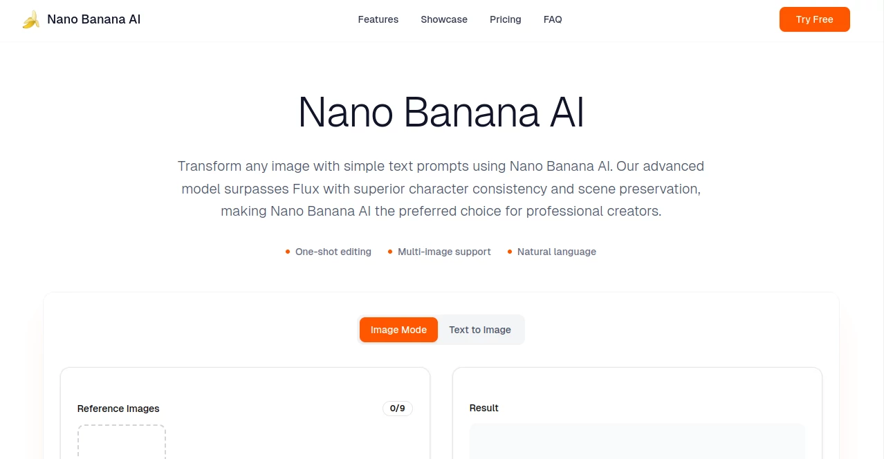 Screenshot of Nano Banana AI – An AI tool in the ,Photo & Image Editor ,AI Art Generator  category, showcasing its interface and key features.