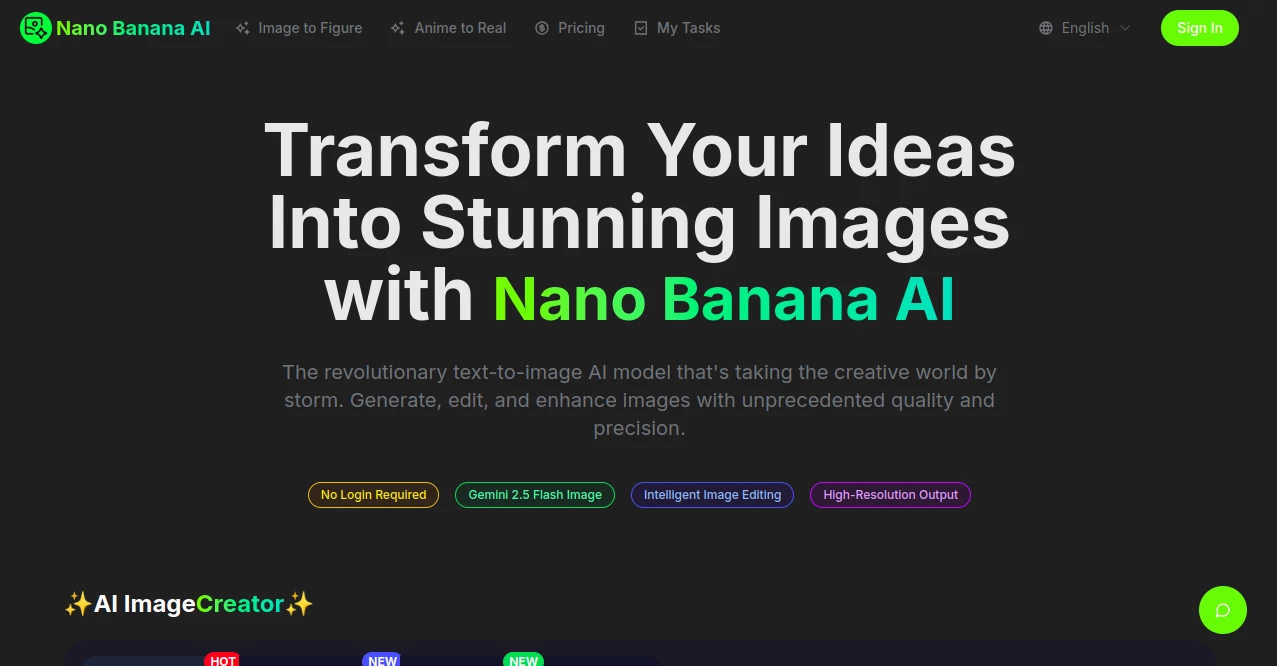 Screenshot of Nano Banana AI – An AI tool in the ,Photo & Image Editor ,AI Art Generator ,AI Design Generator ,AI Image to Image  category, showcasing its interface and key features.
