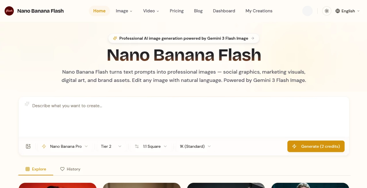 Screenshot of Nano Banana Flash – An AI tool in the ,AI Text to Image ,AI Photo & Image Generator ,AI Image to Image ,AI Design Generator  category, showcasing its interface and key features.