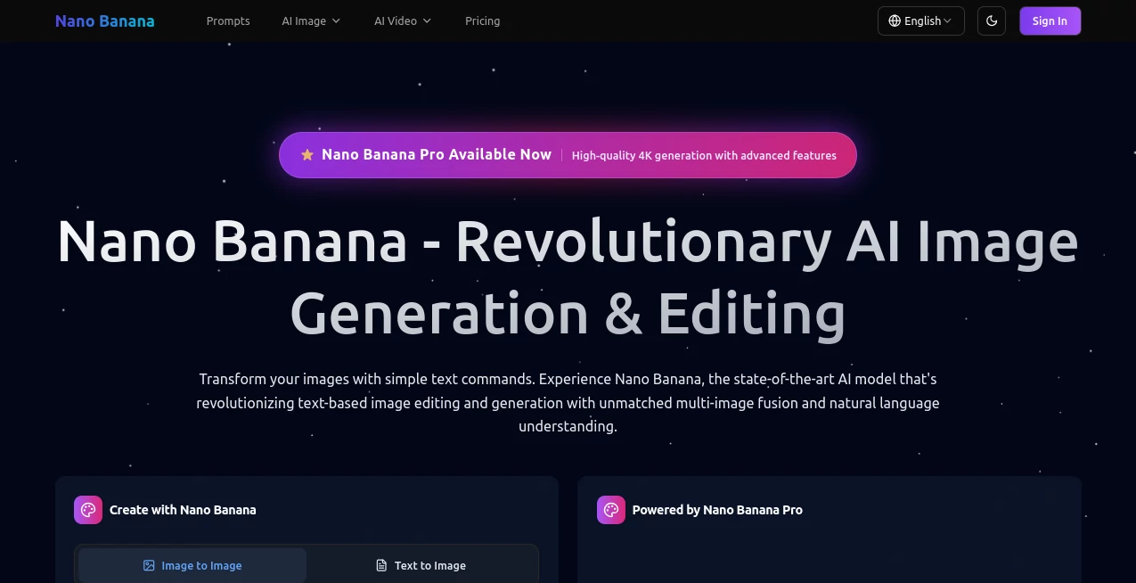 Screenshot of Nano Banana – An AI tool in the ,AI Photo & Image Generator ,Photo & Image Editor ,AI Image to Image ,AI Art Generator  category, showcasing its interface and key features.