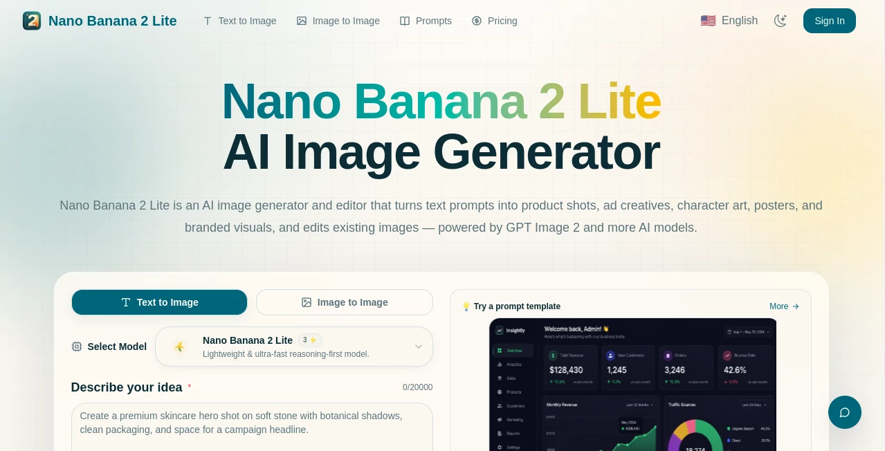Screenshot of Nano Banana Lite – An AI tool in the ,AI Text to Image ,AI Photo & Image Generator ,AI Image to Image ,AI Design Generator  category, showcasing its interface and key features.